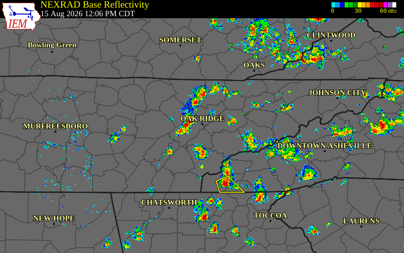 Radar snapshot during the Aug 15, 2026 wind event near Morgan County, Morgan County, Tennessee, with NWS warning polygons