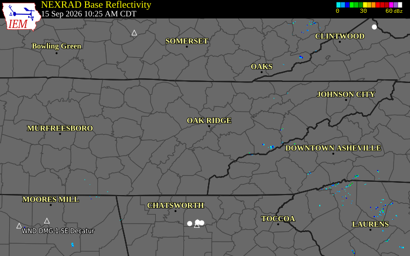 Current NEXRAD radar over Morgan County, Tennessee with recent storm report locations