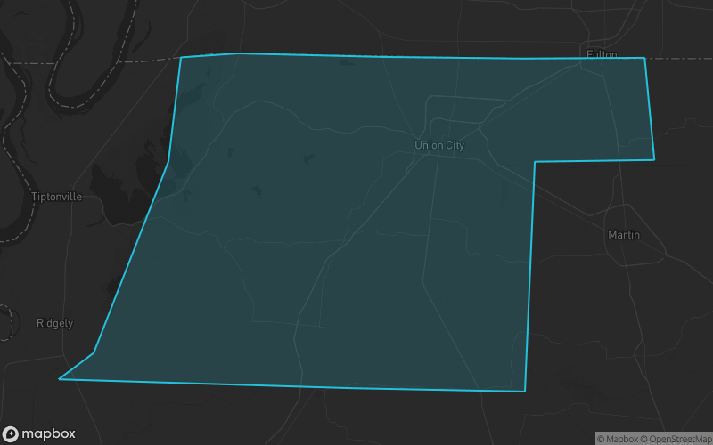 Map of Obion County, Tennessee showing the county boundary and surrounding cities