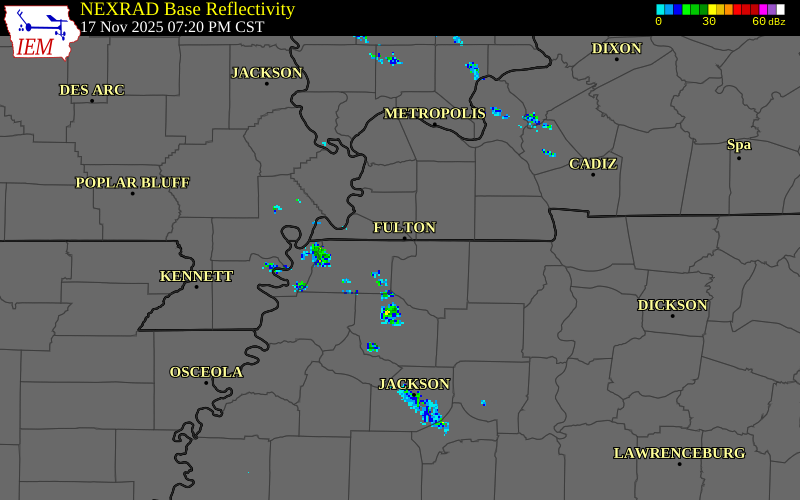 NEXRAD radar during the Monday, November 17, 2025 storm activity in Obion County, Tennessee