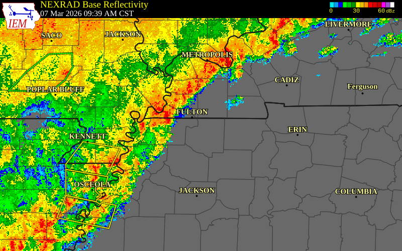 NEXRAD radar during the Saturday, March 7, 2026 storm activity in Obion County, Tennessee