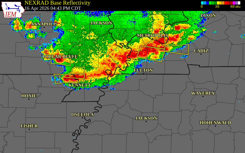 NEXRAD radar during the Thursday, April 16, 2026 storm activity in Obion County, Tennessee