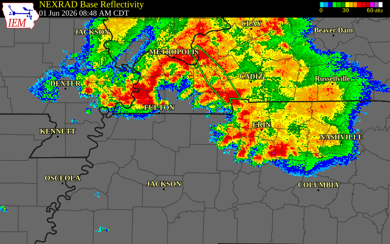 NEXRAD radar during the Monday, June 1, 2026 storm activity in Obion County, Tennessee
