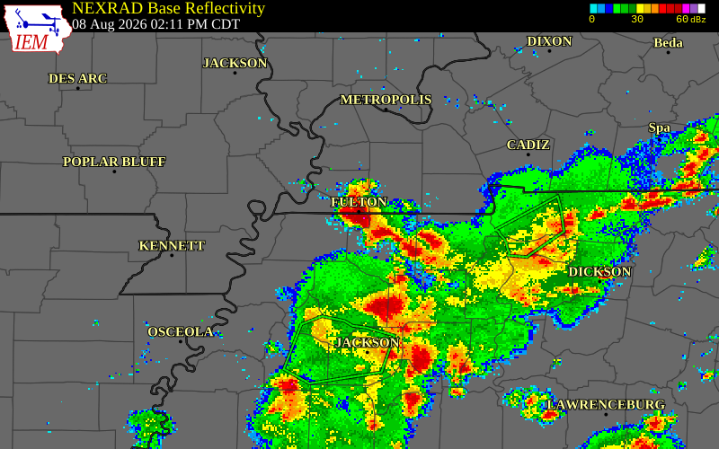 NEXRAD radar during the Saturday, August 8, 2026 storm activity in Obion County, Tennessee
