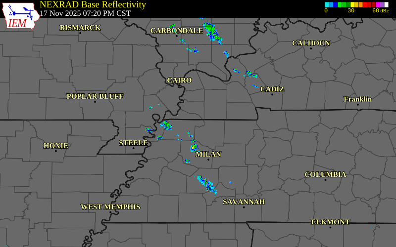 Radar snapshot during the Nov 17, 2025 hail event near 3 SSW South Fulton, Obion County, Tennessee, with NWS warning polygons