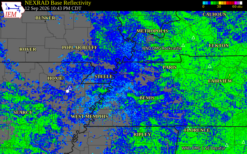 Current NEXRAD radar over Obion County, Tennessee with recent storm report locations