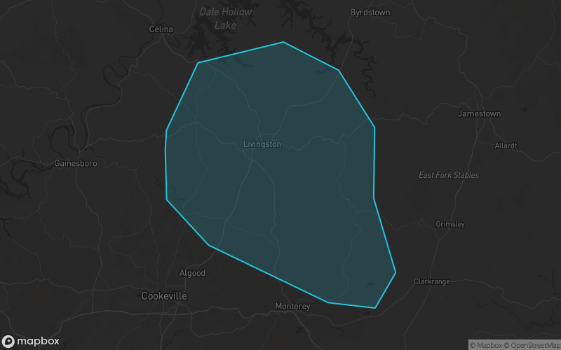 Map of Overton County, Tennessee showing the county boundary and surrounding cities