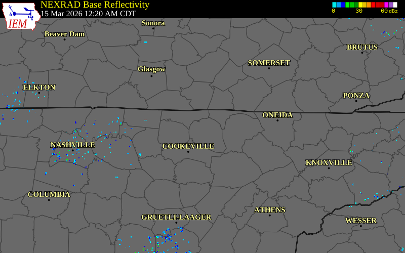 NEXRAD radar during the Sunday, March 15, 2026 storm activity in Overton County, Tennessee