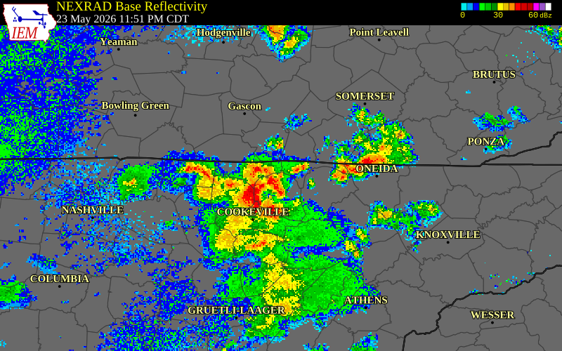 NEXRAD radar during the Saturday, May 23, 2026 storm activity in Overton County, Tennessee