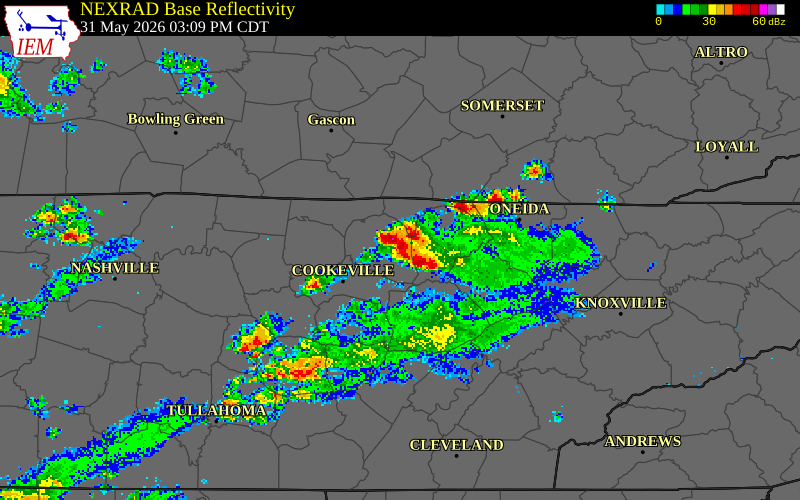 NEXRAD radar during the Sunday, May 31, 2026 storm activity in Overton County, Tennessee