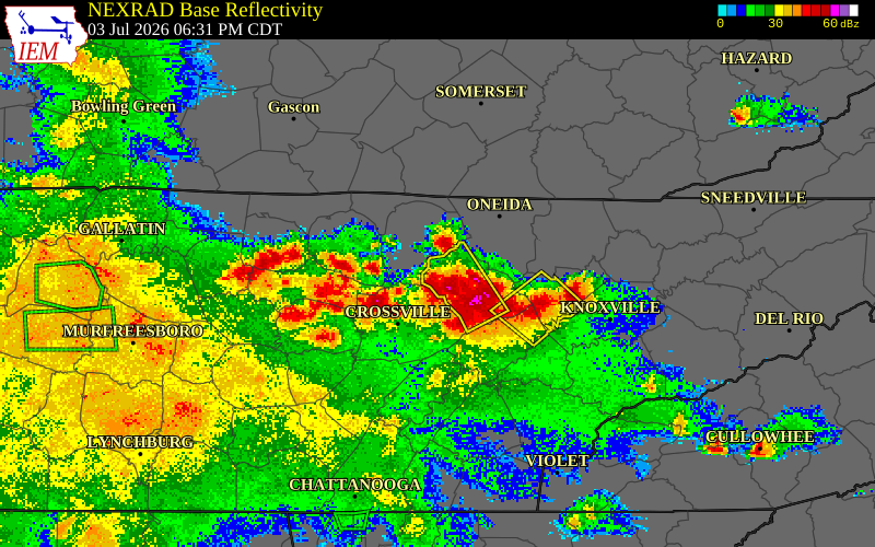 NEXRAD radar during the Friday, July 3, 2026 storm activity in Overton County, Tennessee