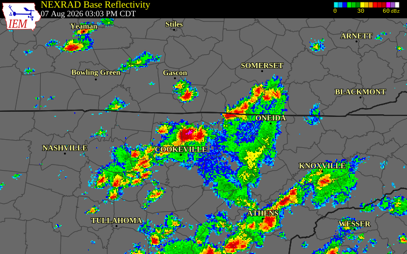 NEXRAD radar during the Friday, August 7, 2026 storm activity in Overton County, Tennessee