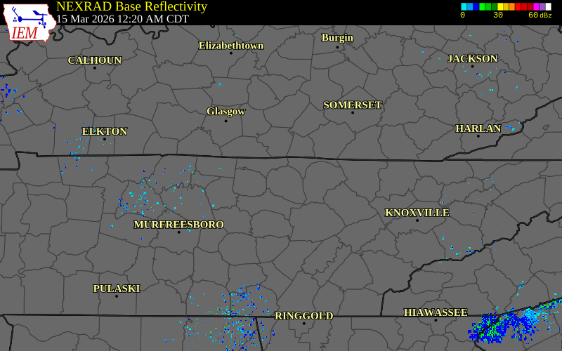 Radar snapshot during the Mar 15, 2026 wind event near 4 NNW Livingston, Overton County, Tennessee, with NWS warning polygons