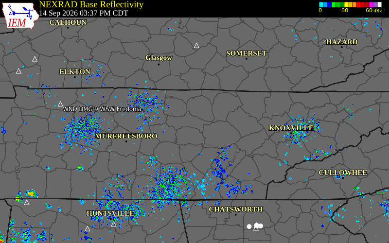Current NEXRAD radar over Overton County, Tennessee with recent storm report locations