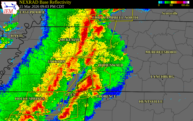 NEXRAD radar during the Sunday, March 15, 2026 storm activity in Perry County, Tennessee