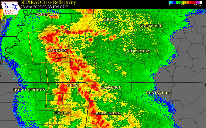 NEXRAD radar during the Tuesday, April 28, 2026 storm activity in Perry County, Tennessee