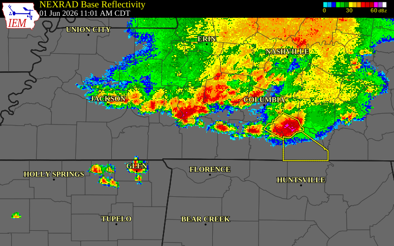 NEXRAD radar during the Monday, June 1, 2026 storm activity in Perry County, Tennessee