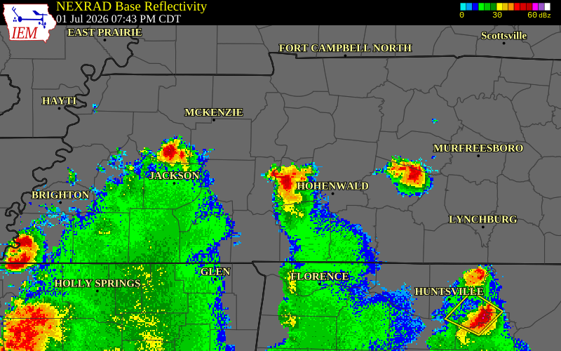 NEXRAD radar during the Wednesday, July 1, 2026 storm activity in Perry County, Tennessee