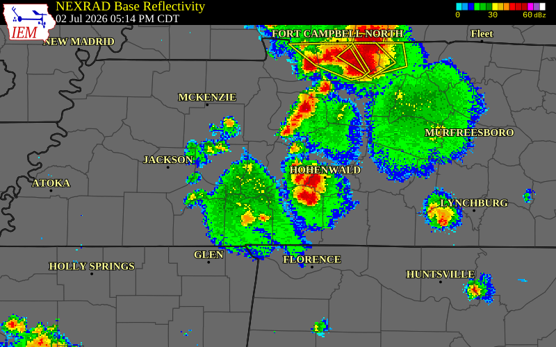 NEXRAD radar during the Thursday, July 2, 2026 storm activity in Perry County, Tennessee