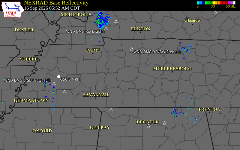 Current NEXRAD radar over Perry County, Tennessee with recent storm report locations