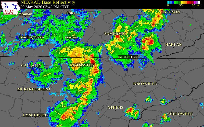 NEXRAD radar during the Wednesday, May 20, 2026 storm activity in Pickett County, Tennessee
