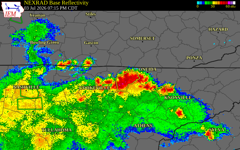 NEXRAD radar during the Friday, July 3, 2026 storm activity in Pickett County, Tennessee