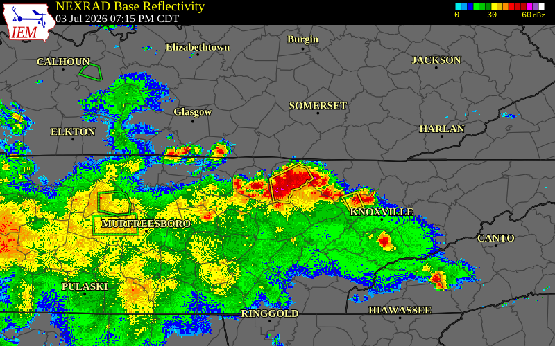 Radar snapshot during the Jul 3, 2026 wind event near Pickett County, Pickett County, Tennessee, with NWS warning polygons