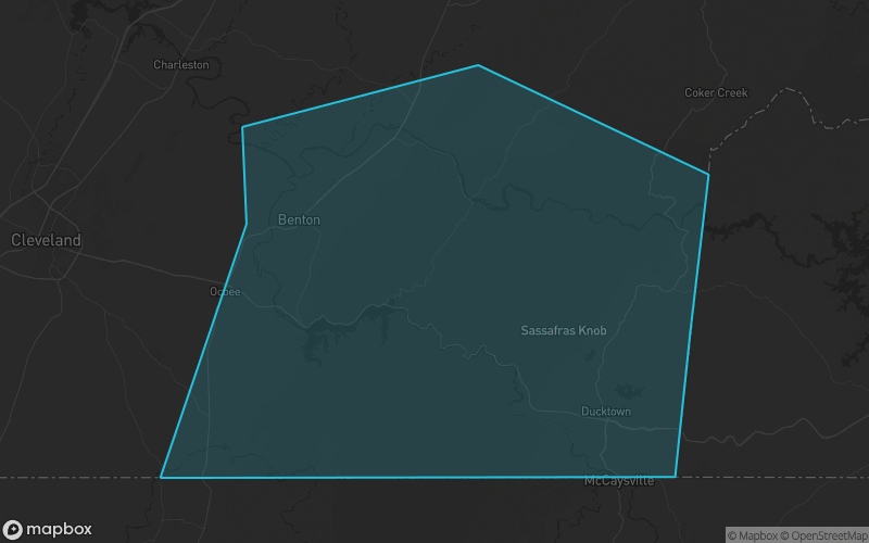 Map of Polk County, Tennessee showing the county boundary and surrounding cities