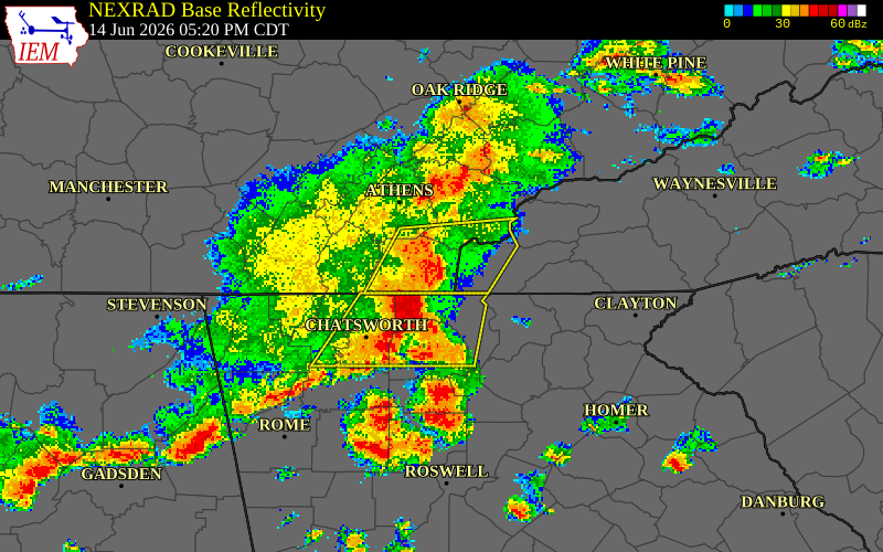 NEXRAD radar during the Sunday, June 14, 2026 storm activity in Polk County, Tennessee