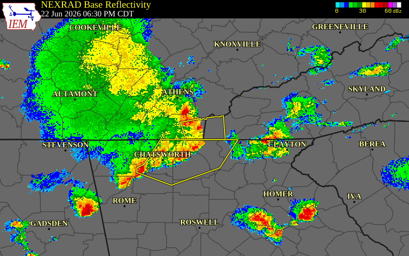 NEXRAD radar during the Monday, June 22, 2026 storm activity in Polk County, Tennessee