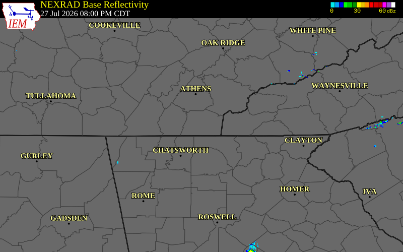 NEXRAD radar during the Monday, July 27, 2026 storm activity in Polk County, Tennessee