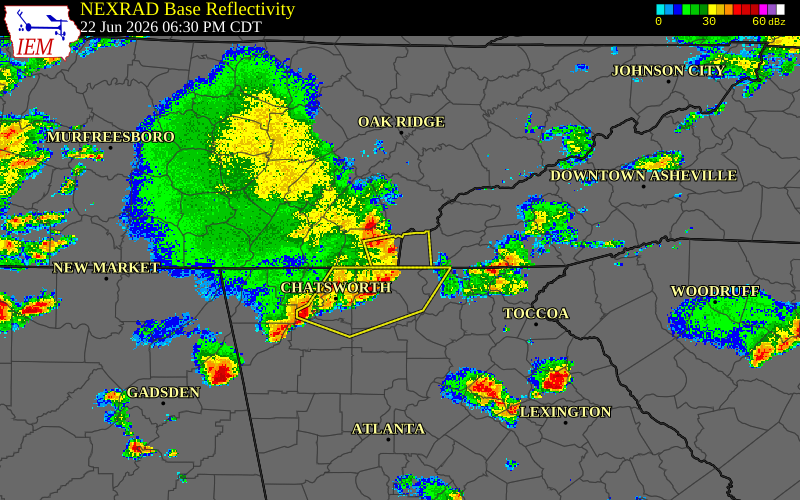 Radar snapshot during the Jun 22, 2026 wind event near 2 E Turtletown, Polk County, Tennessee, with NWS warning polygons