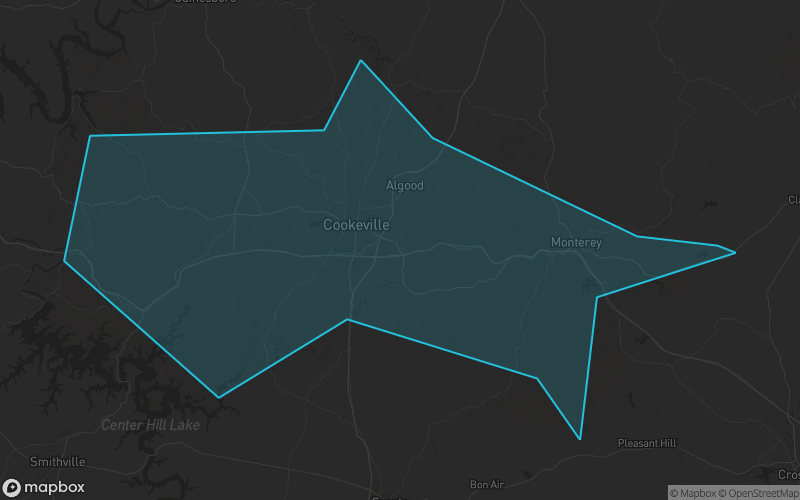 Map of Putnam County, Tennessee showing the county boundary and surrounding cities