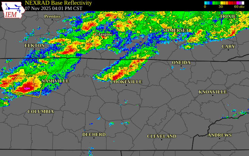 NEXRAD radar during the Friday, November 7, 2025 storm activity in Putnam County, Tennessee