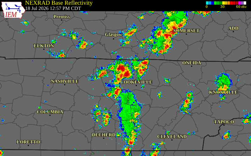 NEXRAD radar during the Saturday, July 18, 2026 storm activity in Putnam County, Tennessee