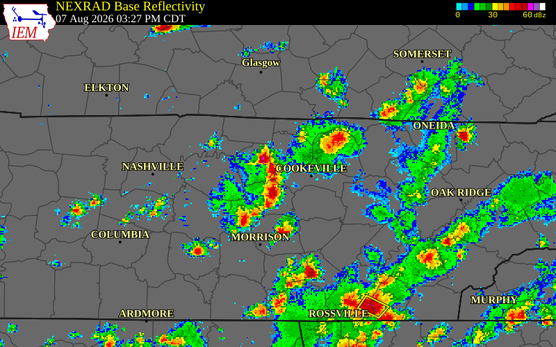 NEXRAD radar during the Friday, August 7, 2026 storm activity in Putnam County, Tennessee