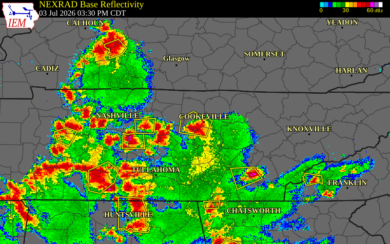 Radar snapshot during the Jul 3, 2026 wind event near Baxter, Putnam County, Tennessee, with NWS warning polygons