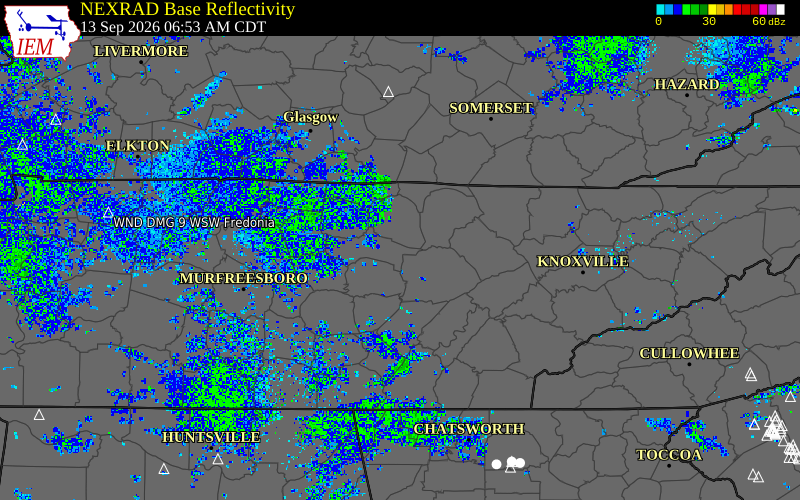 Current NEXRAD radar over Putnam County, Tennessee with recent storm report locations