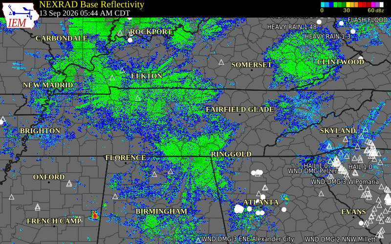 Current NEXRAD radar across Tennessee with recent storm report locations