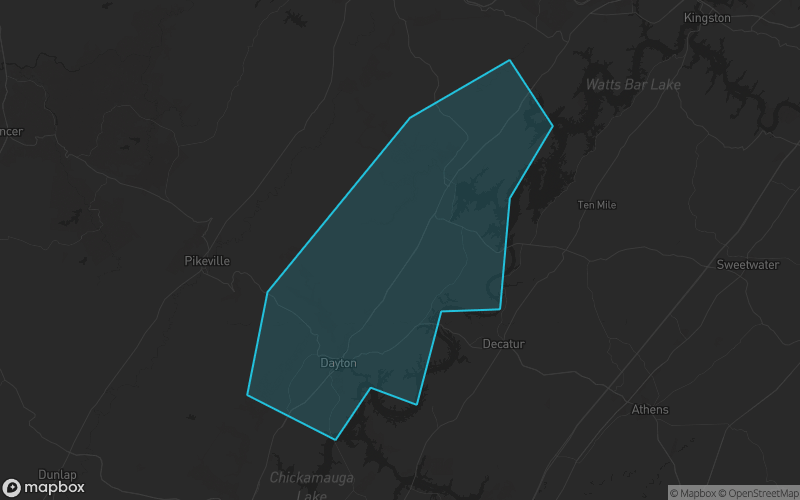 Map of Rhea County, Tennessee showing the county boundary and surrounding cities