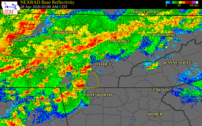 NEXRAD radar during the Tuesday, April 28, 2026 storm activity in Rhea County, Tennessee
