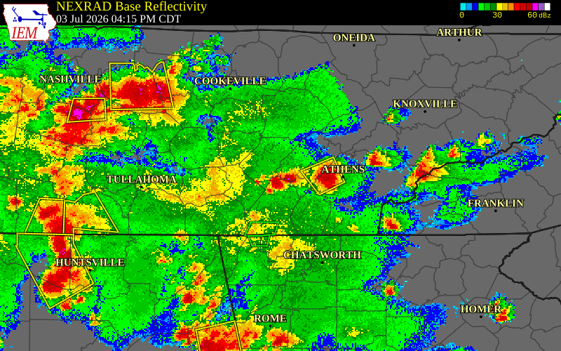 NEXRAD radar during the Friday, July 3, 2026 storm activity in Rhea County, Tennessee