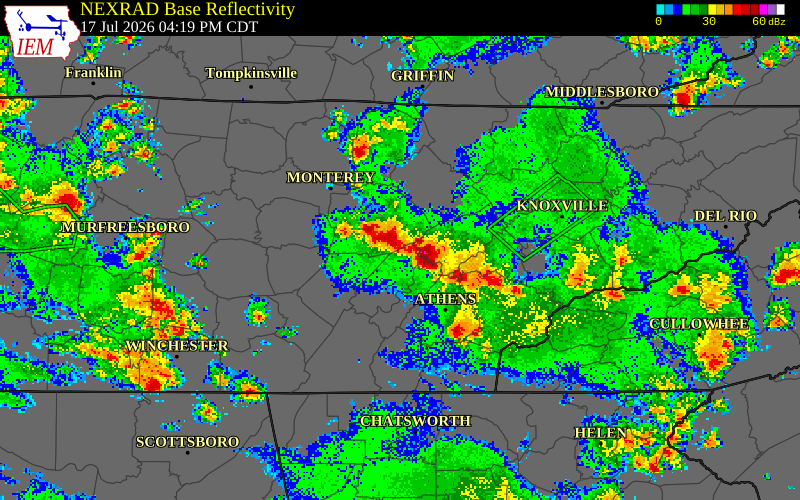 NEXRAD radar during the Friday, July 17, 2026 storm activity in Rhea County, Tennessee