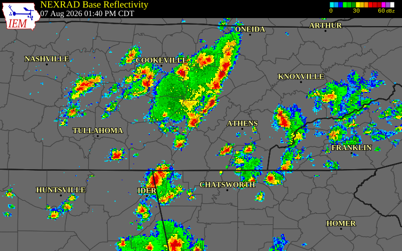 NEXRAD radar during the Friday, August 7, 2026 storm activity in Rhea County, Tennessee
