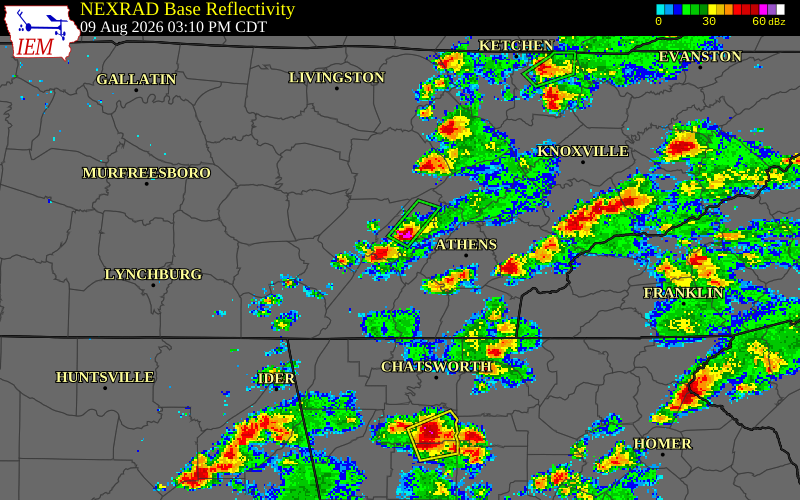 NEXRAD radar during the Sunday, August 9, 2026 storm activity in Rhea County, Tennessee