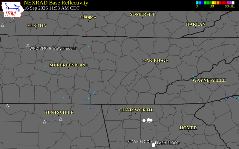 Current NEXRAD radar over Rhea County, Tennessee with recent storm report locations
