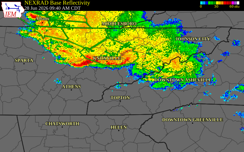 NEXRAD radar during the Sunday, June 28, 2026 storm activity in Roane County, Tennessee