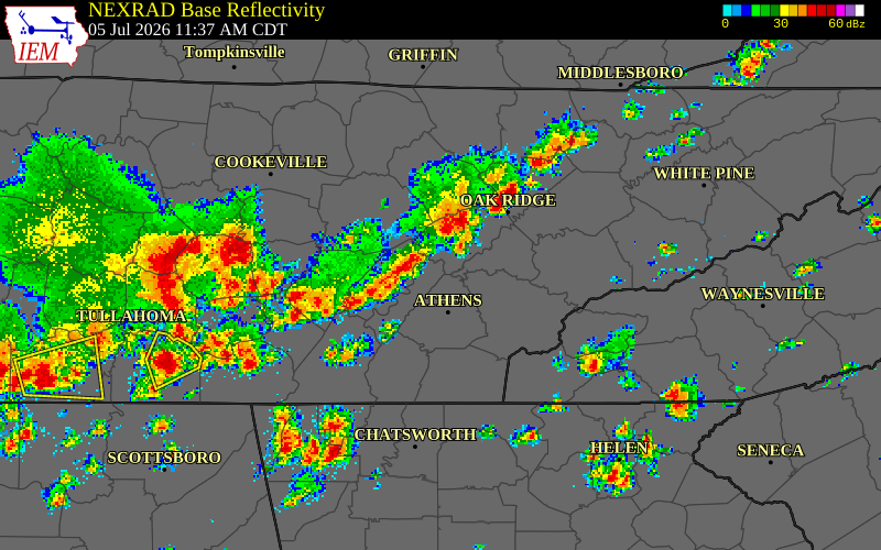 NEXRAD radar during the Sunday, July 5, 2026 storm activity in Roane County, Tennessee