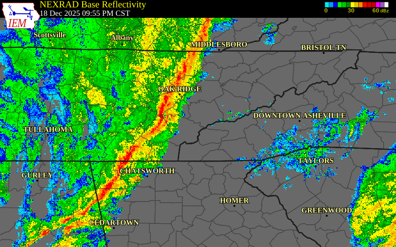 Radar snapshot during the Dec 18, 2025 wind event near Roane County, Roane County, Tennessee, with NWS warning polygons