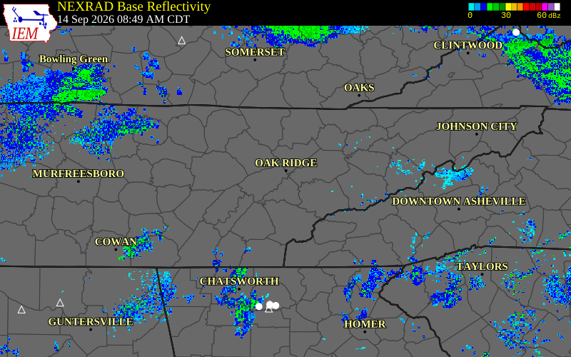 Current NEXRAD radar over Roane County, Tennessee with recent storm report locations